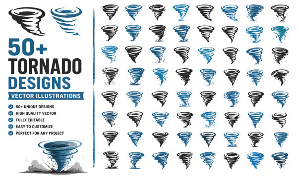 Tornado vector illustrations set, 50 plus unique cyclone and hurricane storm designs, black and blue swirling wind icons for weather forecast