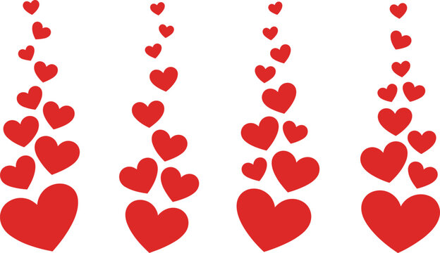 Vibrant red hearts floating upwards in vertical columns on a clean white background, evoking deep romance and joy.