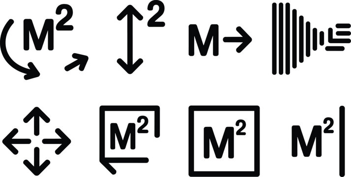 Minimalist black square meter measurement icons set on white background for architectural floor planning and real estate projects.