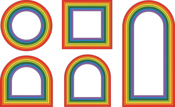 Vibrant set of rainbow colored geometric frames featuring circles and arches isolated on white to evoke joy and inclusivity.