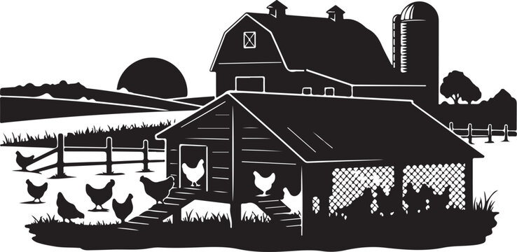 Black and white farm scene with barn silo and chickens