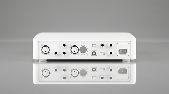 Isolated white audio interface rear panel with XLR and TRS ports for professional sound recording music studio production