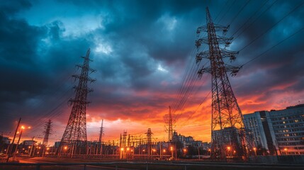 Obraz premium Dramatic Sunset Over Urban Power Lines and Electricity Towers With a Colorful Cloudy Sky in the Background at Dusk