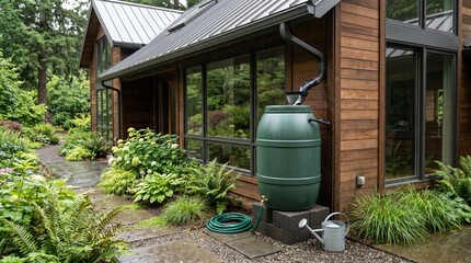 Obraz premium Rainwater Harvesting System on Modern Wooden House with Garden