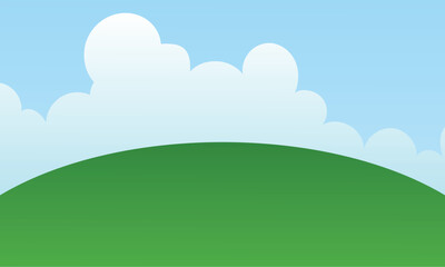 Fototapeta premium Nature Landscape Illustration with Green Hills, Flowers, Clouds and Blue Sky Background. Natural Outdoor Background with Rolling Hills and Clear Sky.