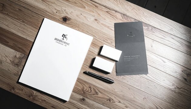 Minimal Corporate Stationery Arranged on Rustic Wooden Table