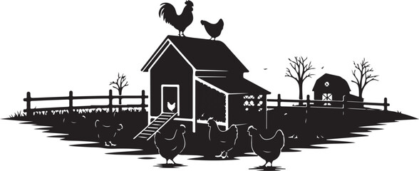 Obraz premium Black and white farm scene with rooster and chickens