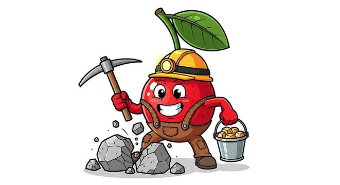 Cartoon lumberjack with axe and saw cutting tree stump.