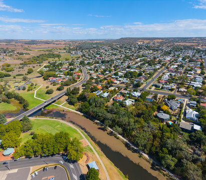 Aerial view of Inverell with the Bridge over the Macintyre River