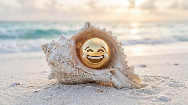 Golden laughing emoji in seashell on beach at sunset