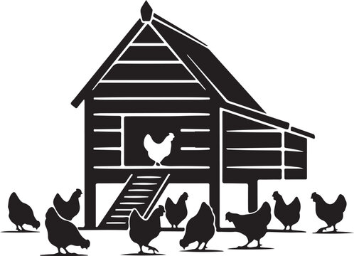 Black and white of chickens and a chicken coop farm animals