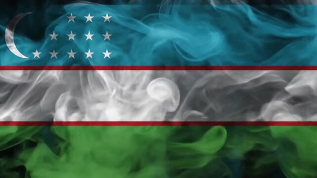Uzbekistan flag made of blue, white and green smoke on a dark background