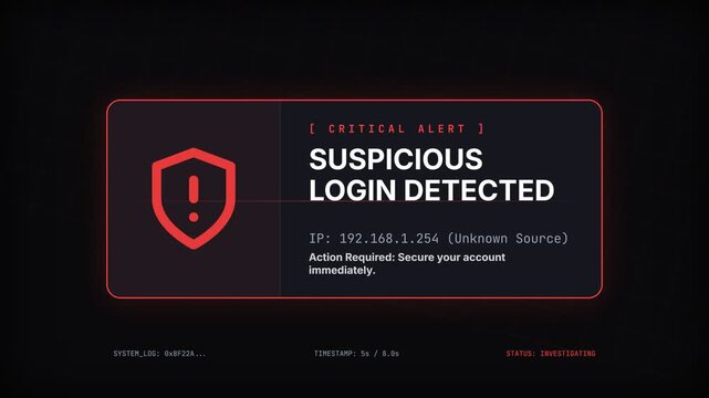 Suspicious login alert notification, Critical security warning message with red shield icon and unknown IP address, Cyber security threat on dark background, symbolizing online safety and protection.