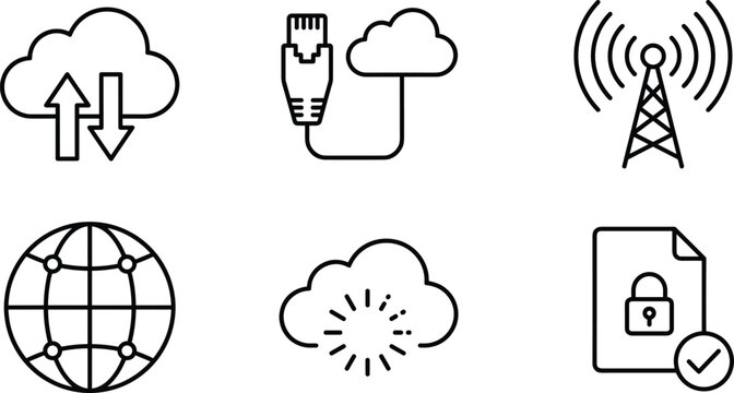 Cloud Computing Network Icon Set Featuring Antenna Ethernet Cable Global Internet Security And Vector Illustrations