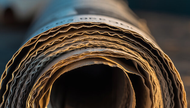 Close-up of a rolled-up paper or newspaper with visible textured edges and layered pages, creating a spiral pattern with warm lighting.