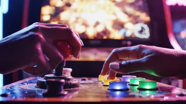 Close-up of hands interacting with a control panel in a dimly lit environment with blurred screens in the background