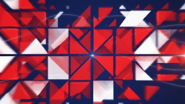 Abstract geometric composition featuring red, blue, and white triangular shapes arranged in a dynamic modern pattern.
