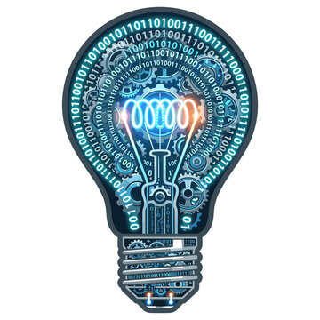 Lightbulb with binary code and gears symbolizing innovation