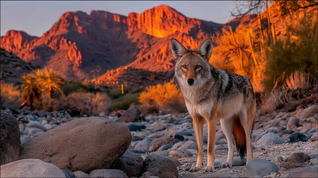 A coyote stands among stones in a desert landscape, illuminated by warm sunset hues with mountains in the background.