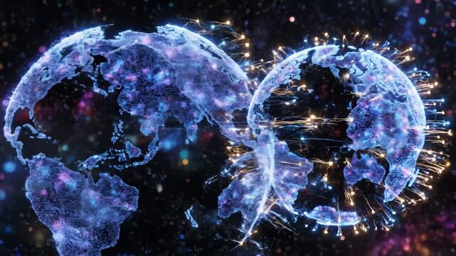 Two glowing digital globes in space
