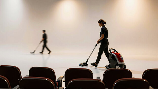 Janitorial Staff Cleaning Floor in Large Event Venue Hall