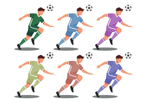 Jugadores de f&uacute;tbol cabeceando el bal&oacute;n en diferentes colores