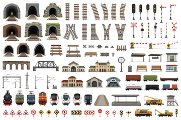 Railway infrastructure vector set, locomotive and train station elements, railroad tracks and tunnel icons for transit map design © ya Allah madad