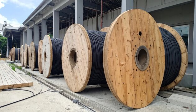 Large Wooden Cable Reels Arranged Outside Industrial Construction Site