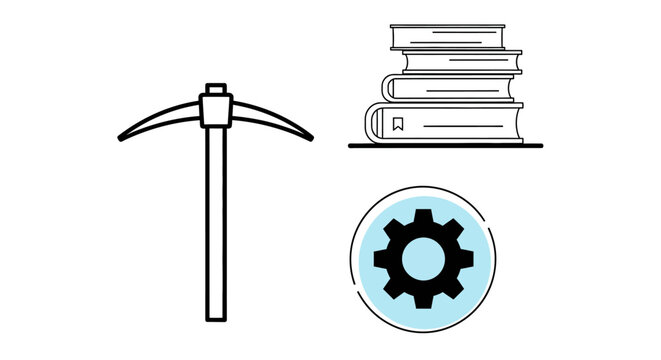 An illustration depicts a mining pickaxe, a stack of books, and a gear icon on a white background.