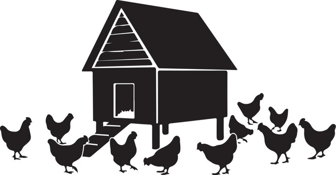 Black silhouette chickens around farmhouse white background