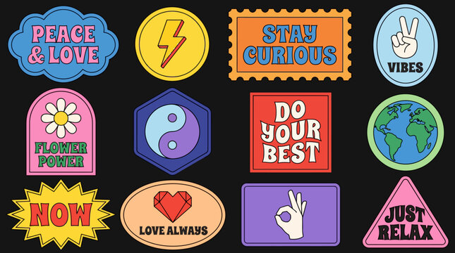 Retro sticker set featuring colorful groovy patches with positive inspirational messages and various fun graphic icons