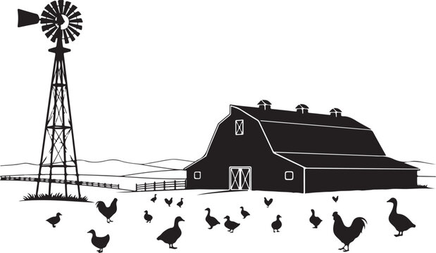 Black silhouette farm scene with barn windmill and chickens