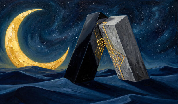 Surreal Interlocking Stone and Obsidian Monoliths in Desert under Golden Moon