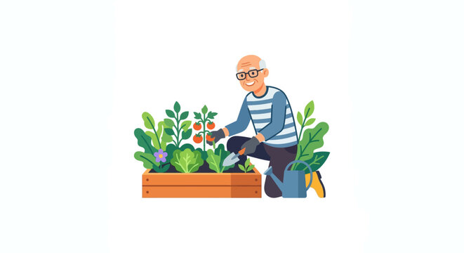Elderly Man Gardening, Happy Senior Caring for Plants in Raised Garden Bed
