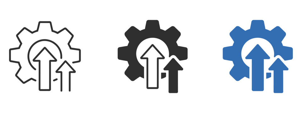 Gear icon with three upward arrows indicating growth, progress, and continuous improvement in business process optimization and performance enhancement