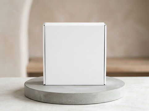 Blank white square cardboard box mockup on concrete pedestal for branding beauty subscription product display packaging