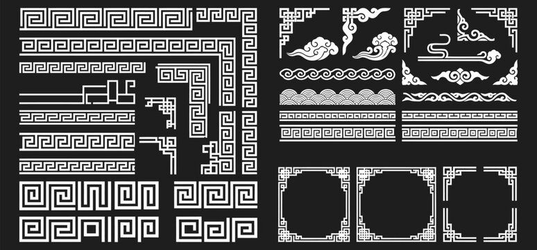 Asian Border Set with Chinese Geometric Patterns and Oriental Corner Frames Vector