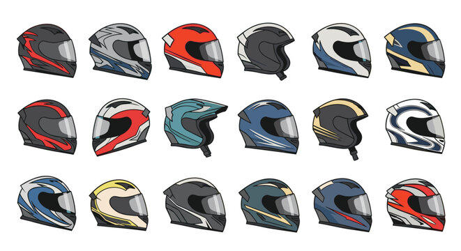 Large collection of colorful motorcycle helmet designs featuring various patterns visors and styles for biker safety.