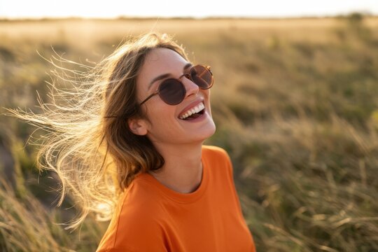 The smiling woman in sunglasses enjoying golden hour in a windswept field