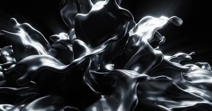Abstract black metallic liquid splashing and exploding in slow motion. Futuristic organic fluid motion of molten silver or ferrofluid against a dark background.