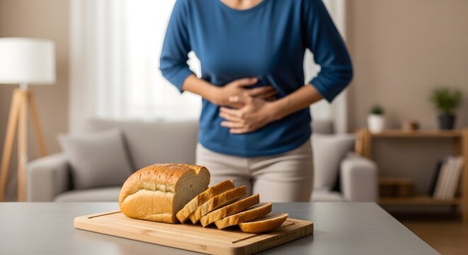 Gluten Intolerance Discomfort, Woman Holding Stomach Near Sliced Bread Loaf, Digestive Health Issue
