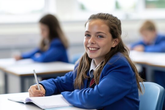 The Student Smiling in a Classroom While Writing Notes at Her Desk