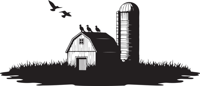 Black and white farm scene with barn silo and birds grass