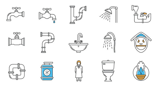 Comprehensive set of plumbing and bathroom icons including faucets pipes showers sinks and toilet fixtures.