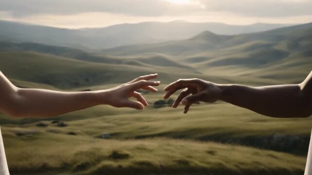Two Hands Reaching Across Vast Landscape: Two hands, one fair-skinned and one dark-skinned, extend towards each other against a breathtaking backdrop of rolling hills and a luminous sky.