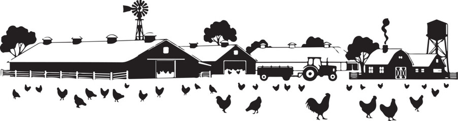 Naklejka premium Black and white farm scene with tractor and chickens barn des