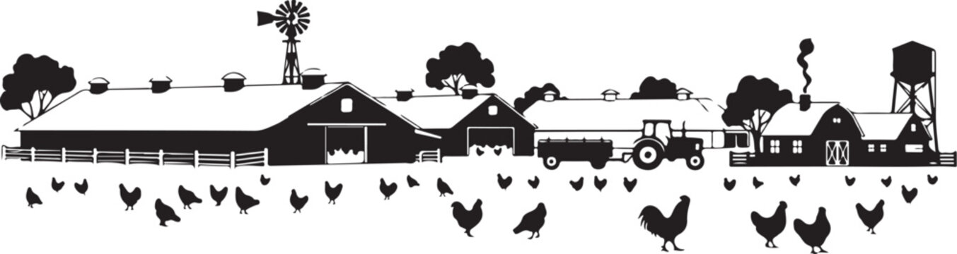 Black and white farm scene with tractor and chickens barn des