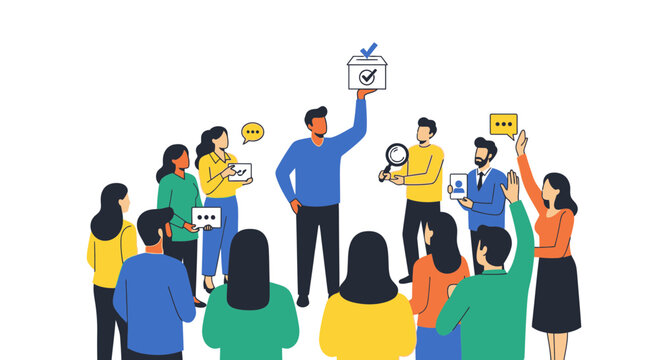 Diverse crowd voting, making decisions, choosing leader, election concept
