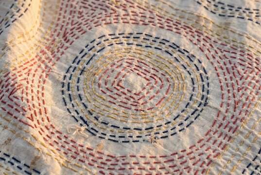 Indian Kantha Embroidery Circular Pattern Textile Close-up Traditional