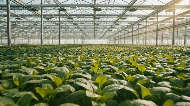 Greenhouse with rows of leafy plants